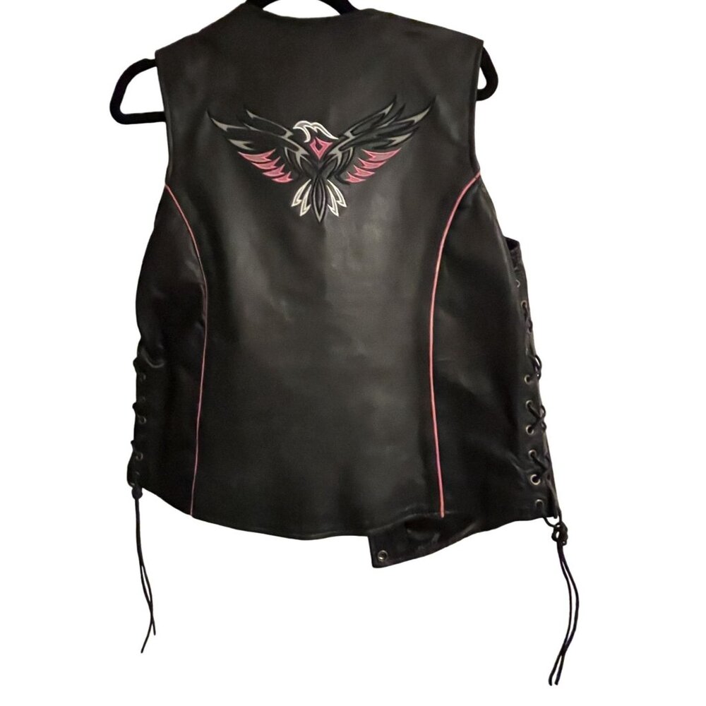 BIG B'S TEXAS Womens XL Pink & White Eagle Fringed Black Leather Biker Vest